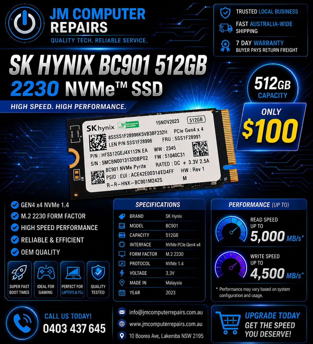 SK Hynix BC901 512GB 2230 M.2 NVMe Gen4 SSD (USED) | JM Computer